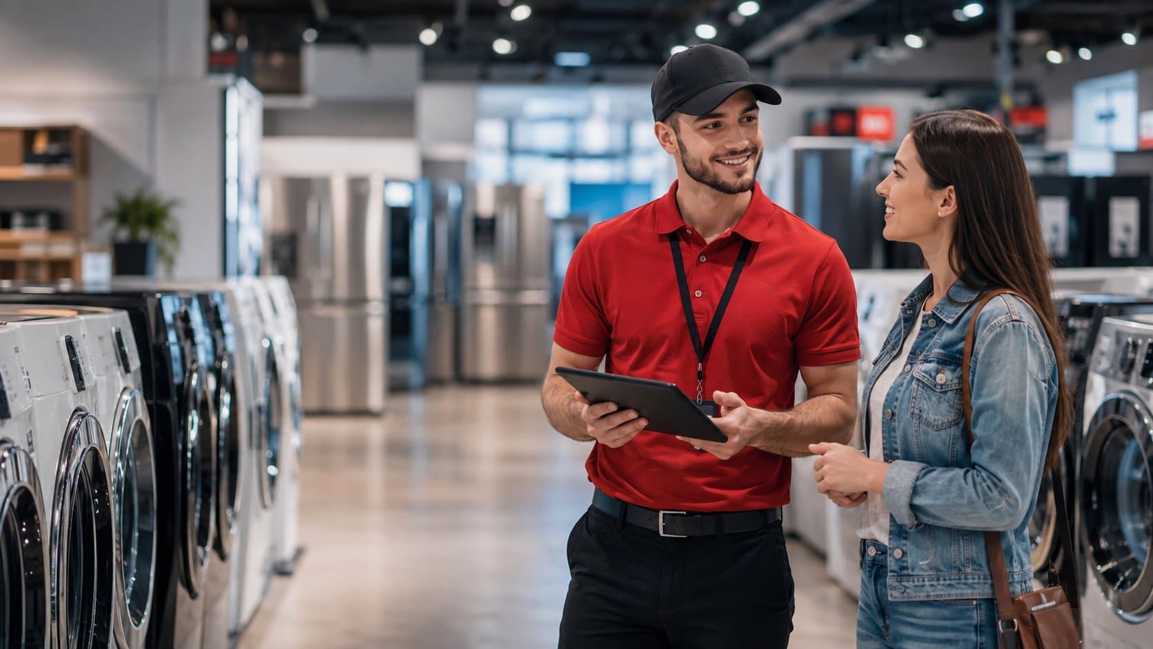 A smiling appliance store salesperson with a tablet helps a customer beside rows of washers